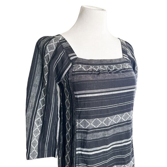 Wrap London NEW Linen Blend Square Neck Striped Argyle Shift Dress Black US 2 - Picture 4 of 12
